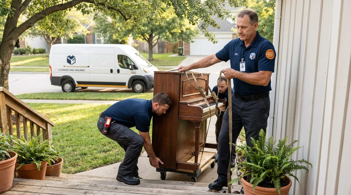 Licensed piano movers securing grand piano in Mount Vernon, ME