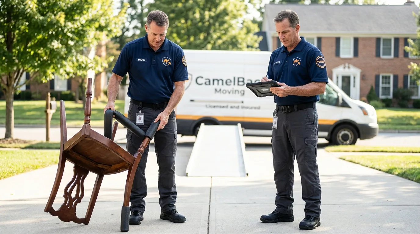 Movers inspecting furniture for damage prevention before loading in Mount Vernon, ME
