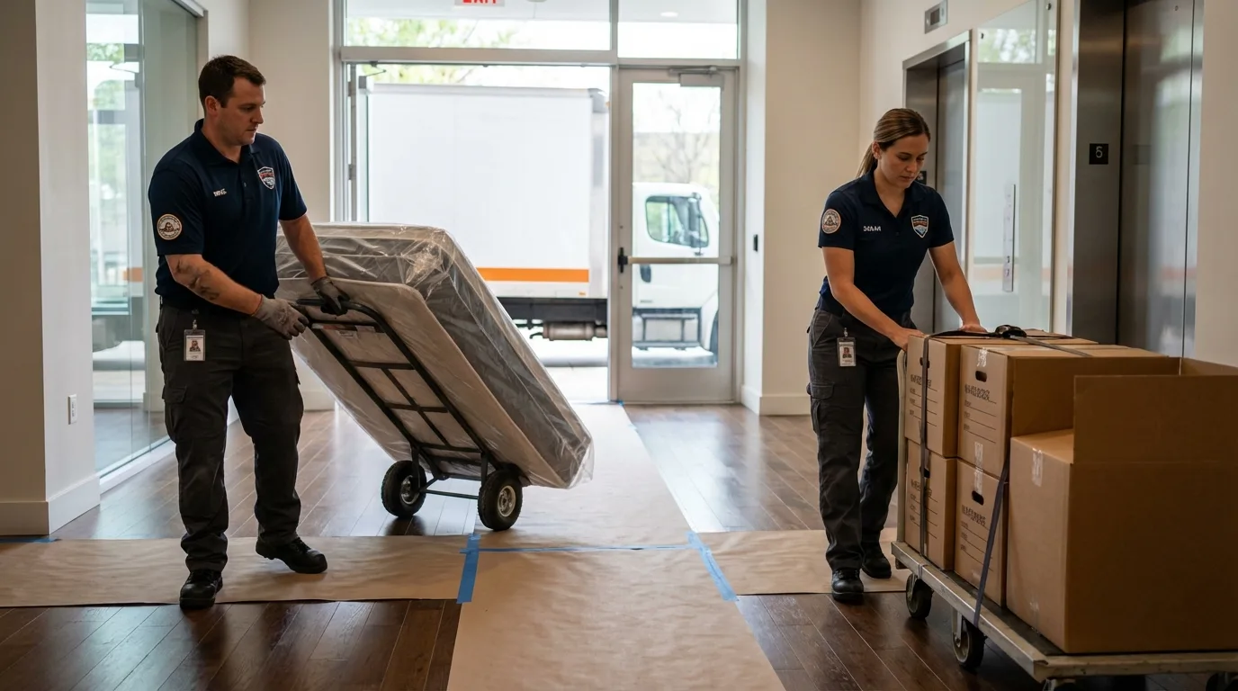 Professional apartment movers loading elevator in Mount Vernon, ME