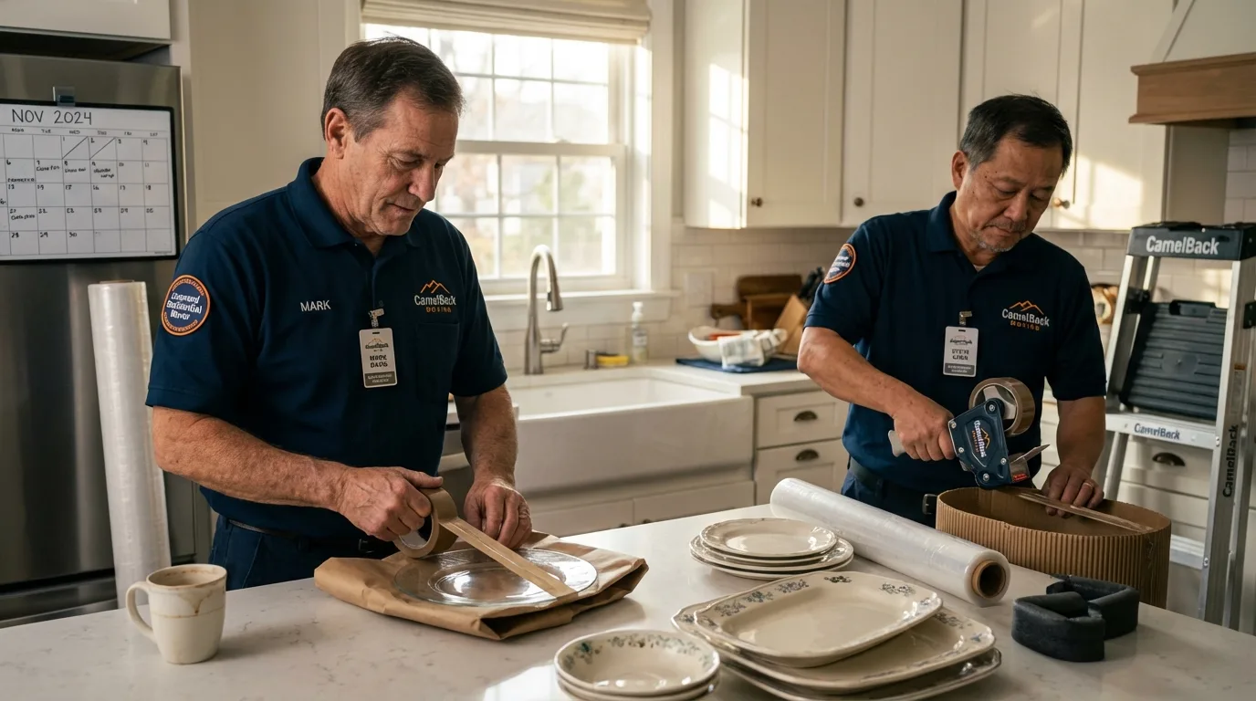 Professional crew packing kitchen dishware in Mount Vernon, ME